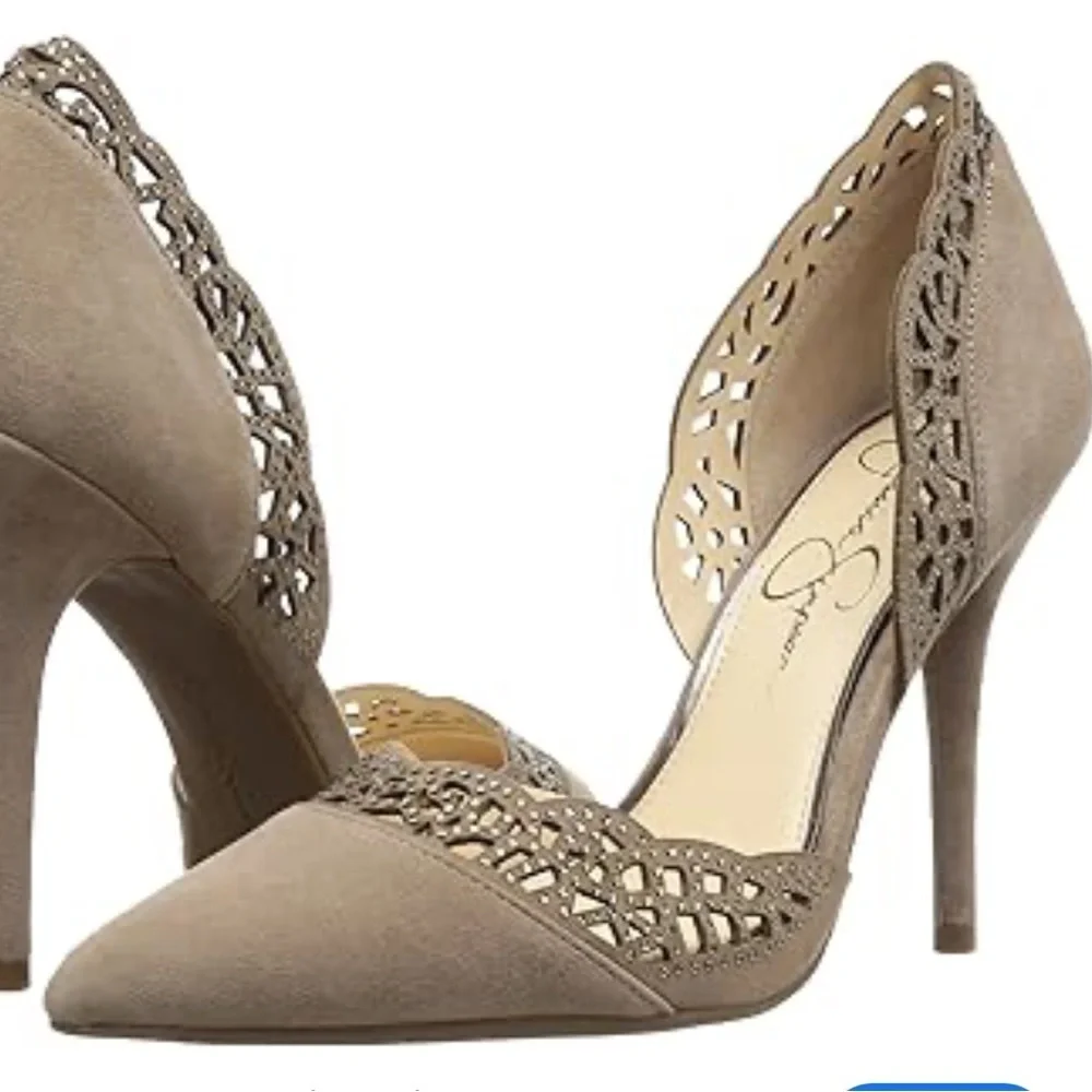 Jessica Simpson‎ Teriann tan suede slip on heels pump embellished cut out trim 7